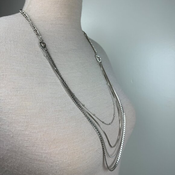 Tutti Frutti Silver Tone Multi Strand Chain Necklace Heart Rhinestone 30-32" - Picture 4 of 5